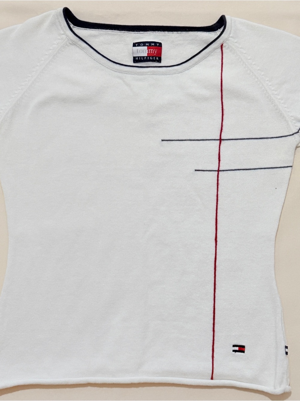 Vintage Tommy Hilfiger Y2K Knit Short Sleeve Sweater Top White - Fitted XS/S